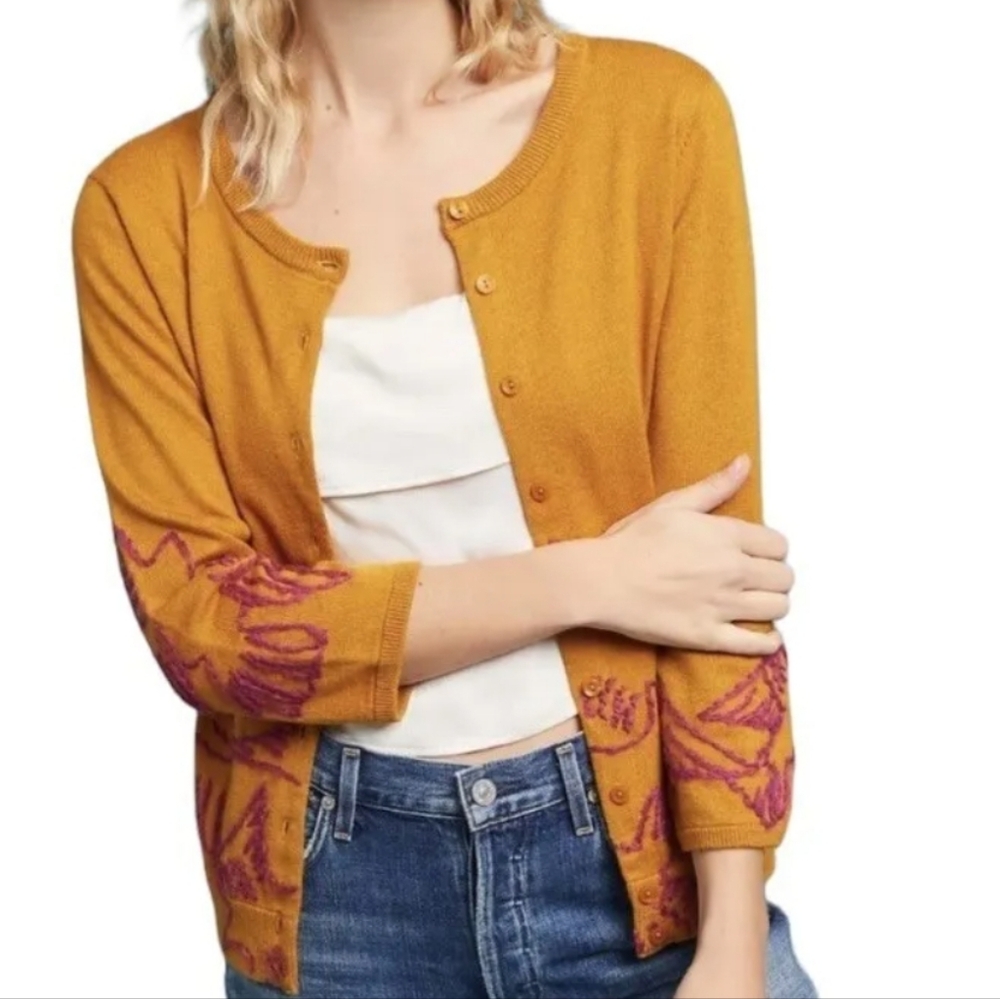 Anthropologie Field flower•Bird knit mustard yellow button-down cardigan.Size XS - Picture 2 of 9